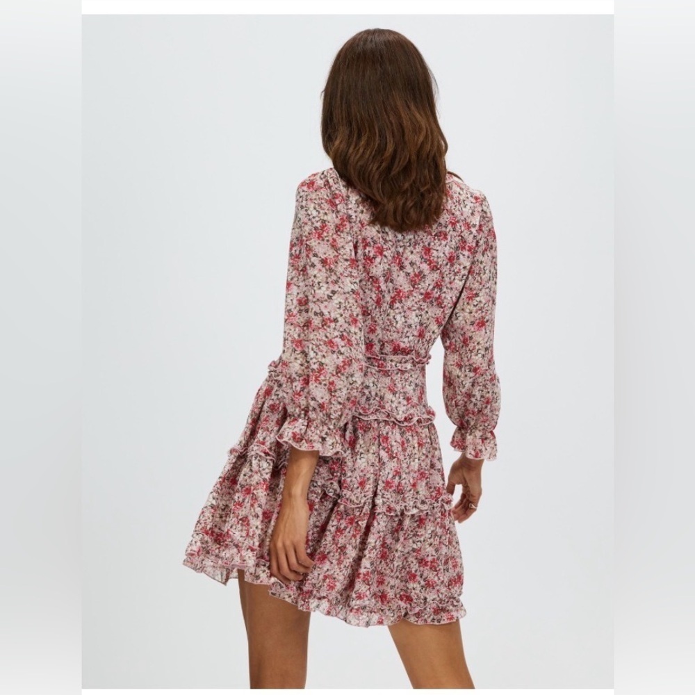 Apricot | Floral | Ruffle | Tiered | V-Neck | Long Sleeve | Mini Dress | Size 8 - Picture 6 of 16